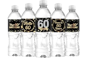 WIDEIDEAL 33Pcs Happy 60th Birthday Water Bottle Labels Cheers to 60 Years Stickers for 60th Wedding Anniversary Party Labels Sign Black