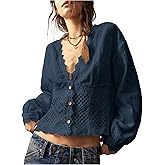 SHENHE Women's Deep V Neck Button Up Crochet Patchwork Long Sleeve Vintage Crop Blouse Top