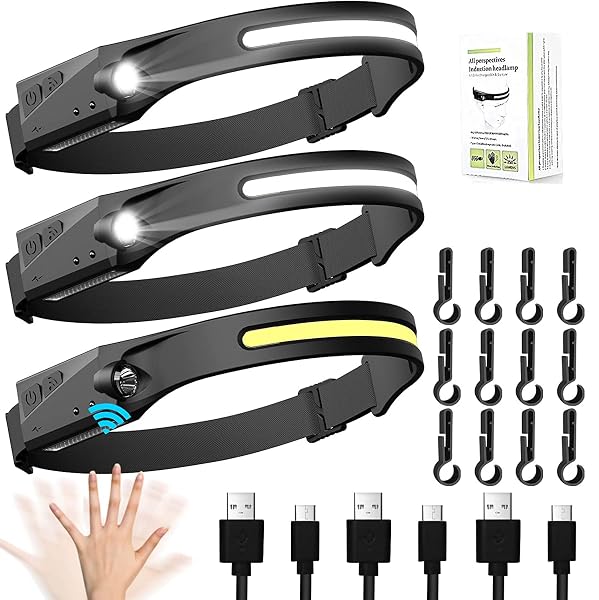 LAKUMIQI 3 PACK RECHARGEABLE LED HEADLAMP, MOTION SENSOR,...