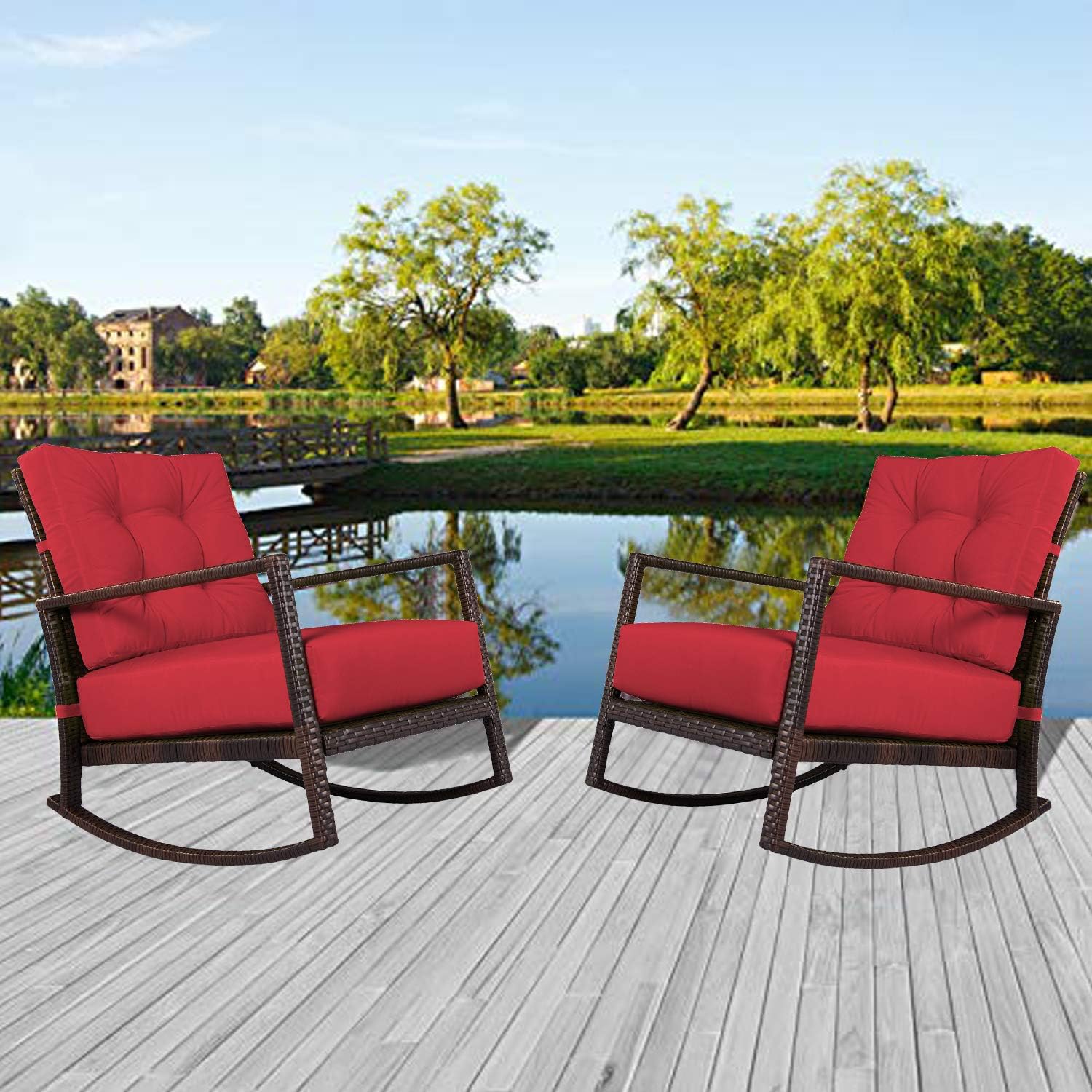 Incbruce Outdoor Patio Rocking Chair 2 Piece Wicker Rocking Bistro Set with Washable and Thick Cushion, Garden Conversation Sets with Red Seat Cushion