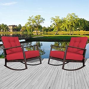Incbruce Outdoor Patio Rocking Chair 2 Piece Wicker Rocking Bistro Set with Washable and Thick Cushion, Garden Conversation Sets with Red Seat Cushion