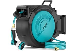 AYURA Retractable Garden Hose Reel, 1/2 inch x 100 ft Water Hose Reel Wall Mounted, UV Resistant Double Shell, Any Length Lock, Slow Auto-Rewind, 180°Swivel Bracket, 10 Pattern Nozzle