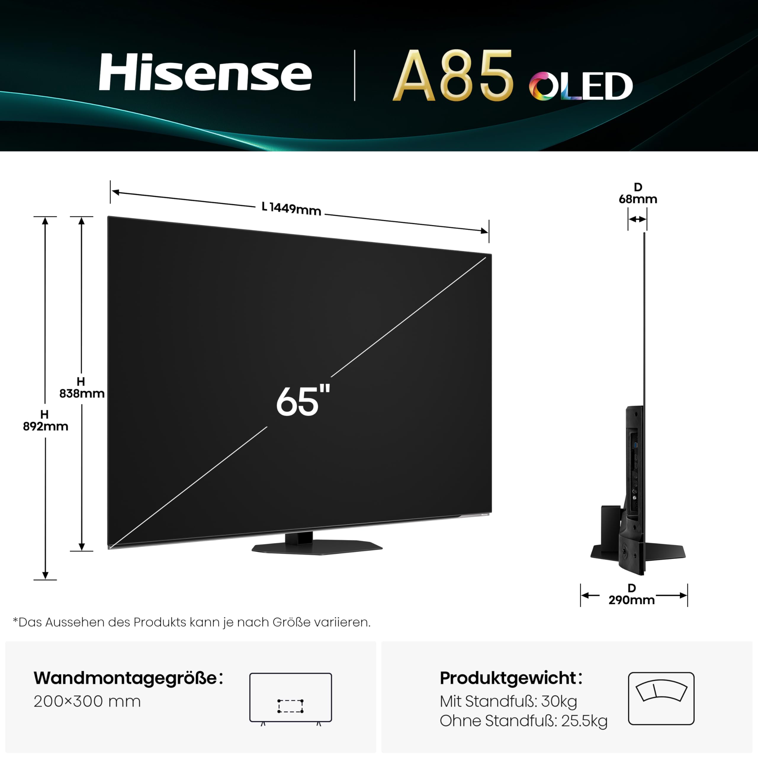 Hisense 65A85Q 164cm (65 Zoll) Fernseher, 4K UHD OLED Smart TV,120Hz, HDMI 2.1, Game Mode Pro, AMD FreeSync Premium, Dolby Vision IQ & Atmos, Bluetooth, Alexa Built-in, Schwarz, [2025] 2