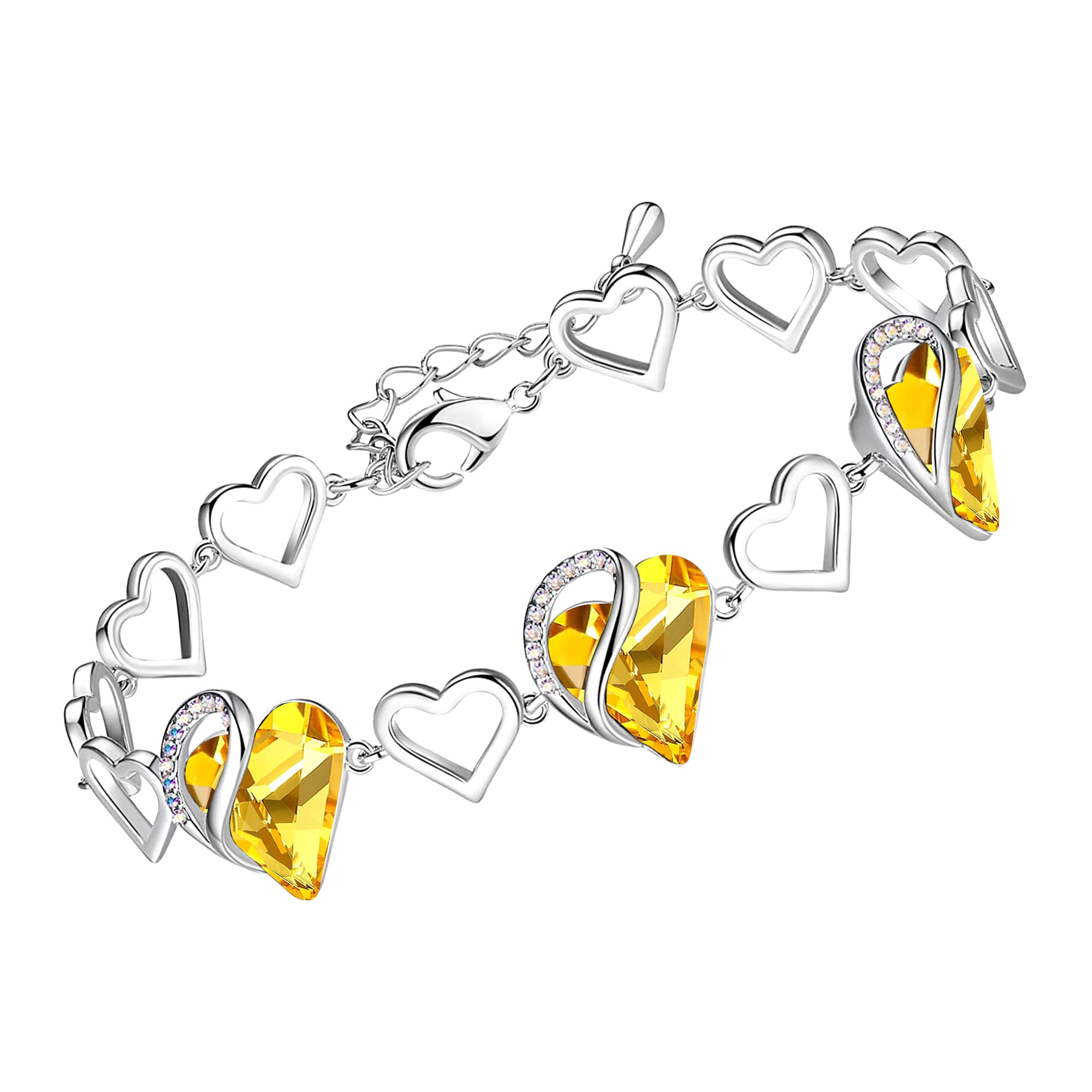 Leafael Valentine's Day Gift Bracelet, Infinity Love November Birthstone Heart Crystal Link Bracelet, Golden Yellow Shade, Silver-Tone Jewelry for Wife Mom Her, 7" + 2" Adjustable Chain — image 1