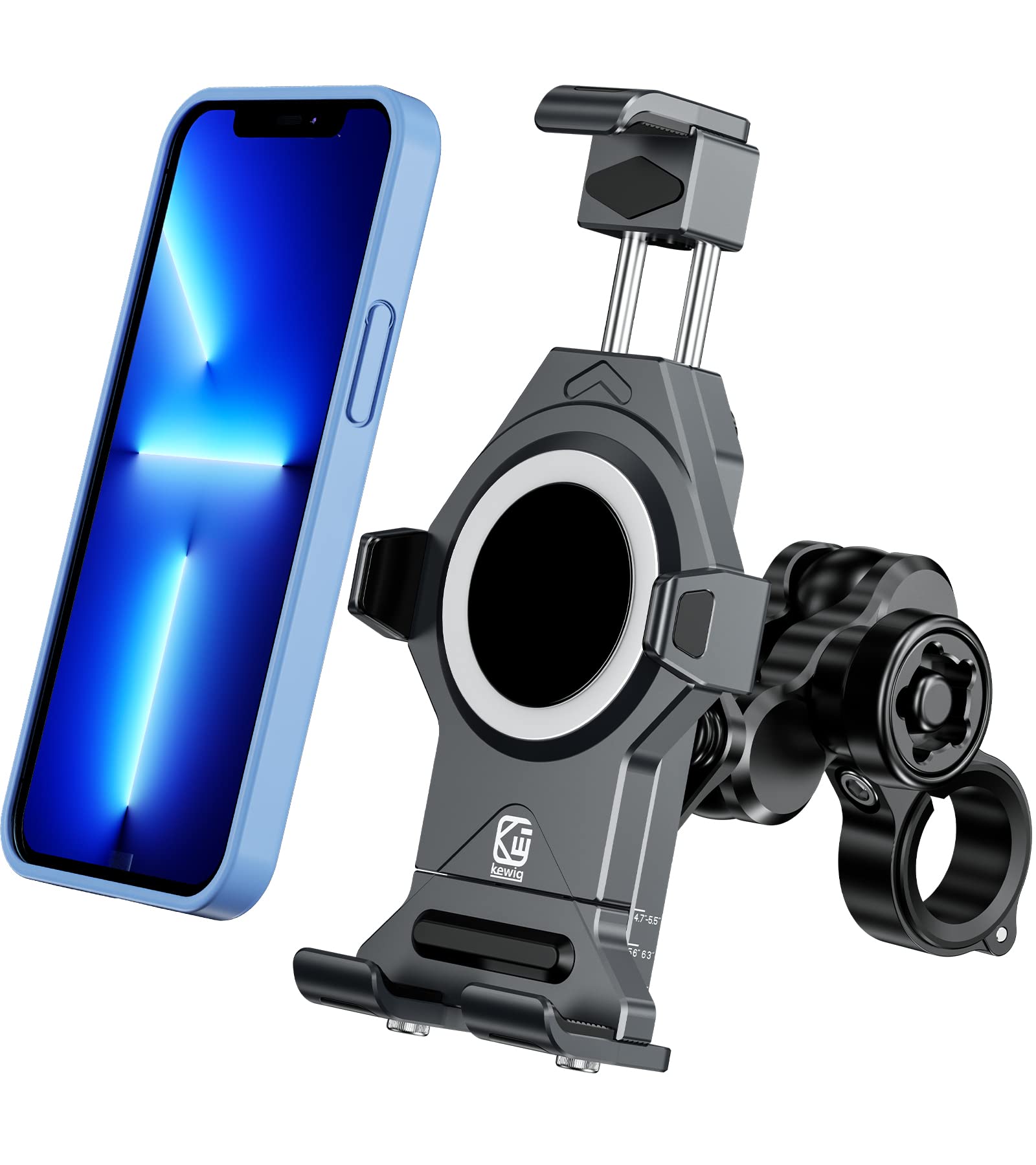 Kewig Anti-theft motorcycle mobile phone holder made of aluminium alloy with vibration damper, one-push automatic lock and quick release