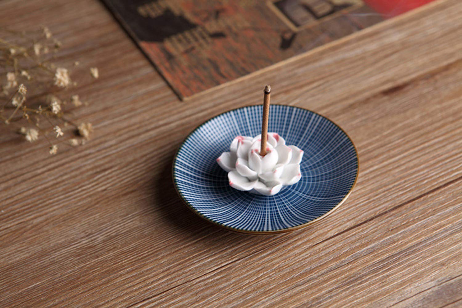 IPENNY Incense Holder Stick Ceramic Handmade Artistic Incense Burner Decorative Flower Ash Catcher Buddhist Round Plate