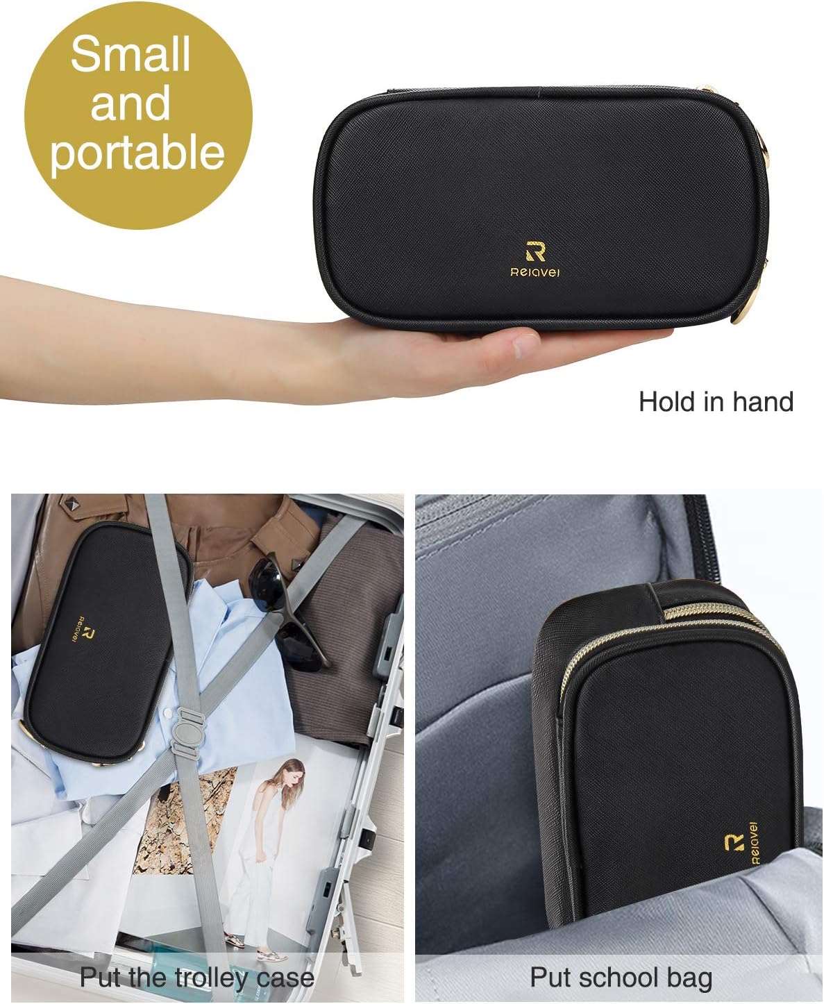 Makeup Bag Makeup Case for Women Dual Layer Compact Brush Holder Organizers Brush Organizer Makeup Storage for Women Girls Christmas Gift (Small, Black PU)