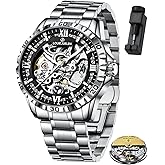 LOUIE JUELEN Men's Skeleton Mechanical Watch Automatic Self-Winding Movement Silver Stainless Steel Case with Luxury Dress Luminous Black Dial Wrist Watches