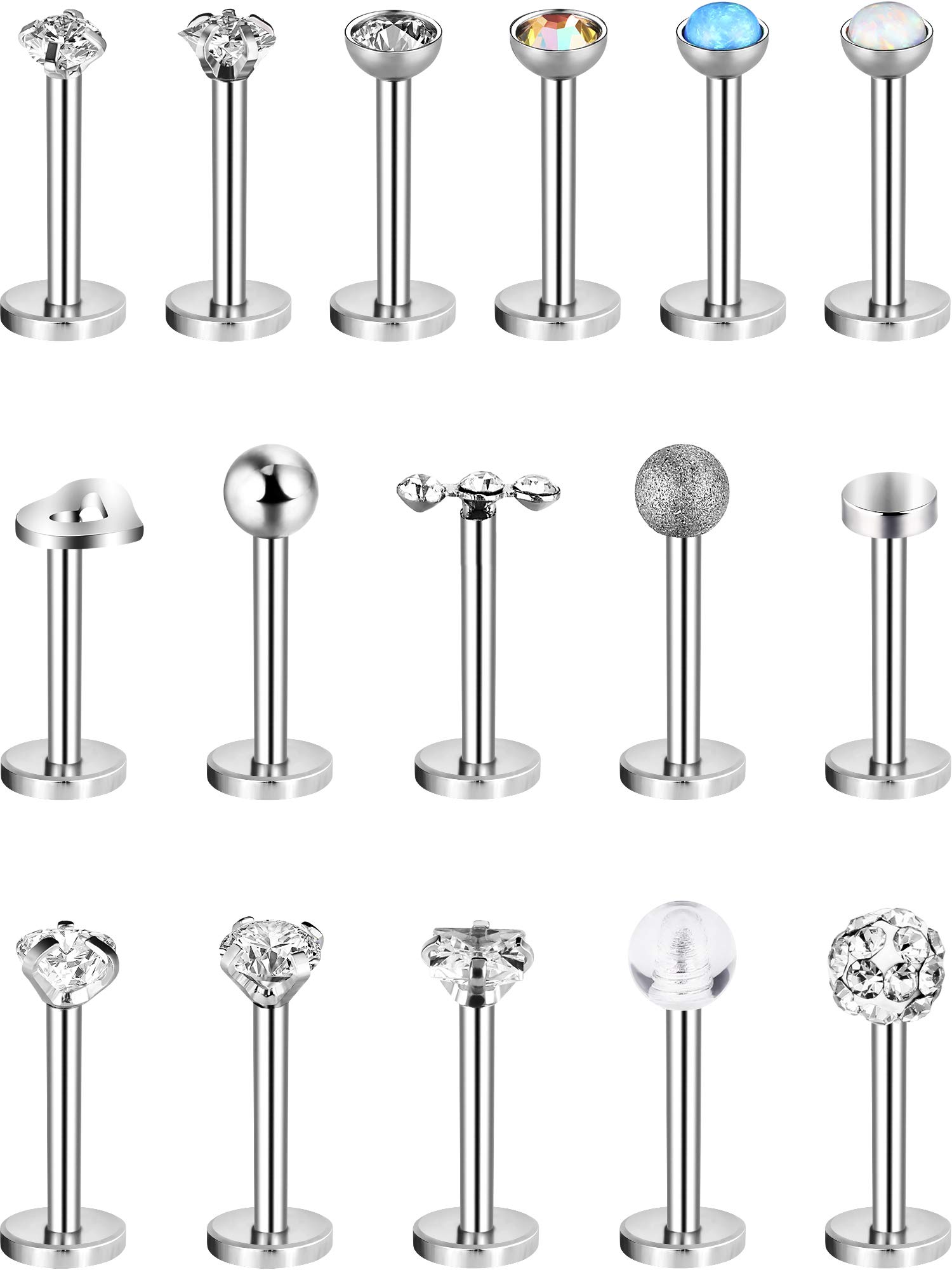 16 Pieces 16 G Stainless Steel Nose Studs Tragus Labret Nose Lips Piercing Assorted Design Piercing Jewelry for Women (Silver)
