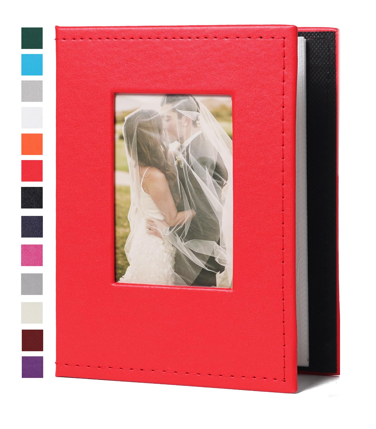 Photo 1 of RECUTMS Photo Album for 4x6, Mini Album with 52 Pockets, Leather Cover Picture Book with Front Window, 52 Vertical Photos for Baby Wedding Anniversary Vacation Traveling (Red)