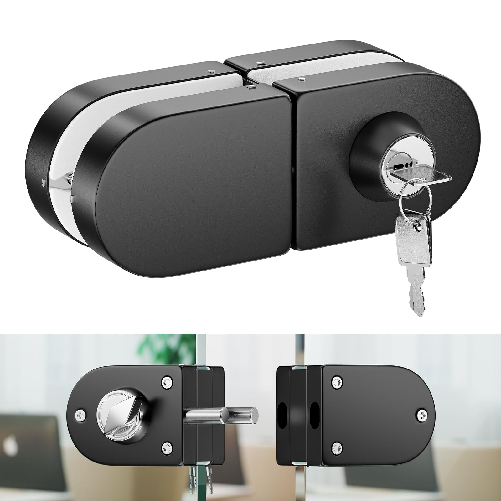 Ranbo Frameless Double-Sided Glass Door Lock, No-Drill, 304 Stainless Steel, Suitable for 10mm-12mm Thick Glass Doors, Includes 3 Keys, Black
