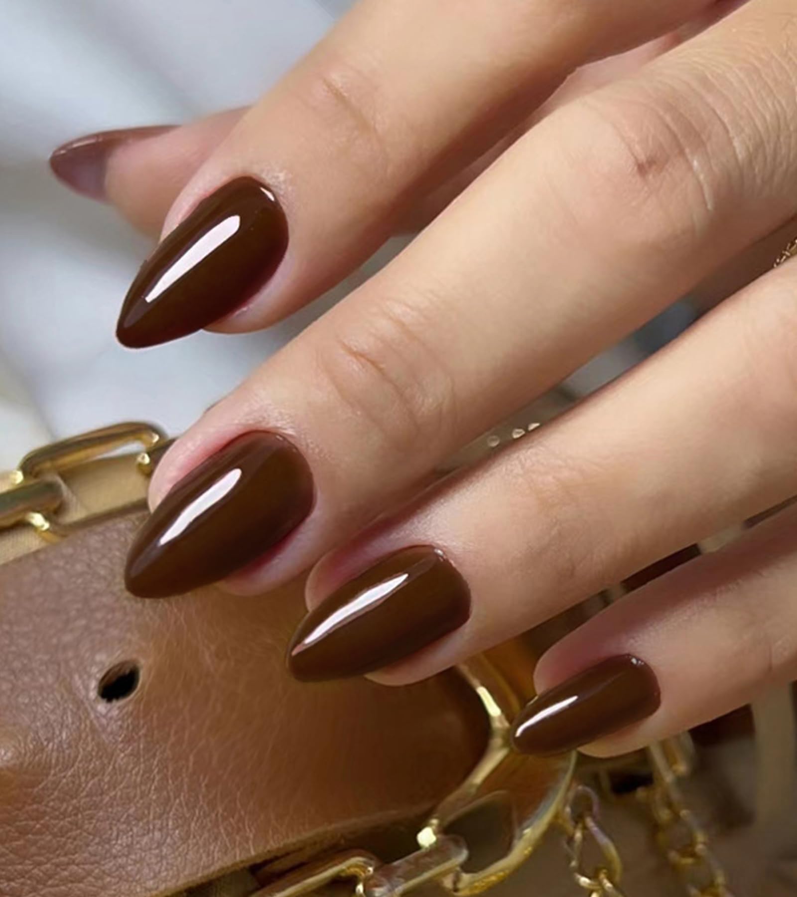 Photo 1 of Morily Press on Nails Almond, Dark Brown Short Fake Nails with Designs Reusable Acrylic False Nails Glossy Full Cover Stick on Nails for Women