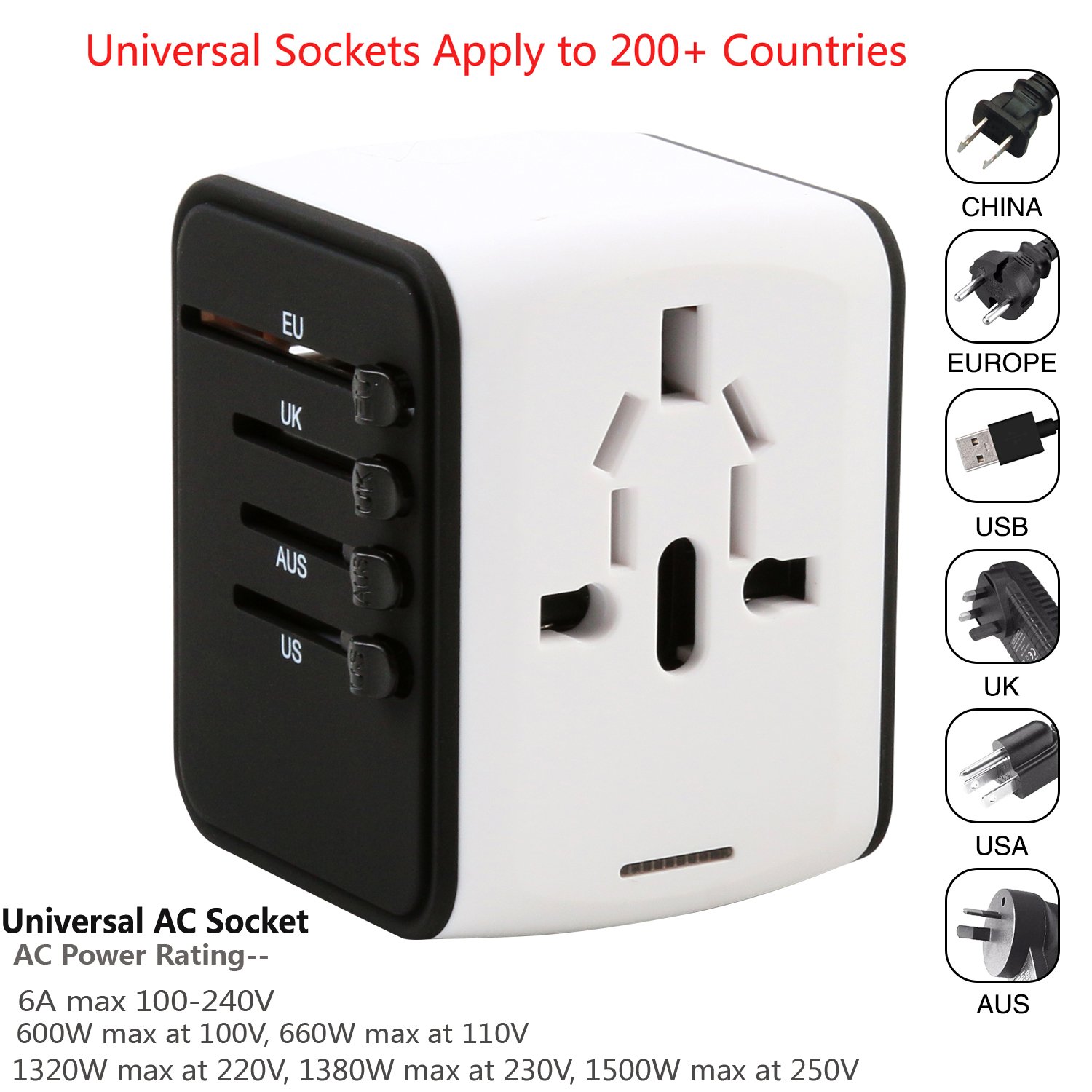 Universal Travel Adapter - 4 USB 3400mA MAX Wolrd Travel Adapter for iPhone iPad Laptop Android Phone Shaver Cameras etc - Plug Adapter Charger for US UK EU AU etc - Covers over 150 Countries (White)