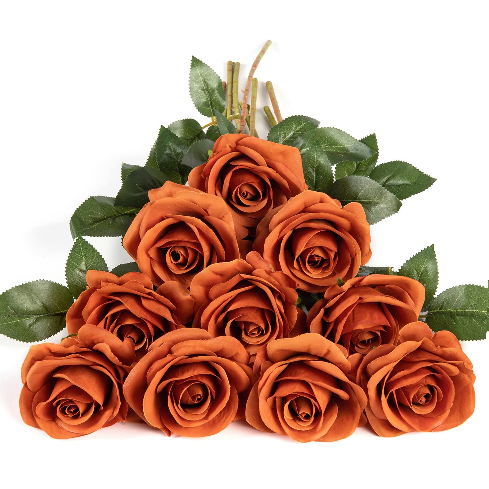 DuHouse 10Pcs Artificial Roses Fake Silk Flowers Realistic Bridal Bouquets with Single Long Plastic Stems for Arrangement Wedding Table Centerpiece Party Home Decor(Burnt Orange) — image 1
