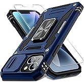 DEERLAMN Case for iPhone 14 Plus with Slide Camera Cover+Screen Protector(1 Pack), Rotated Ring Kickstand Military Grade Shockproof Protective Cover 6.7 Inch-Navy Blue