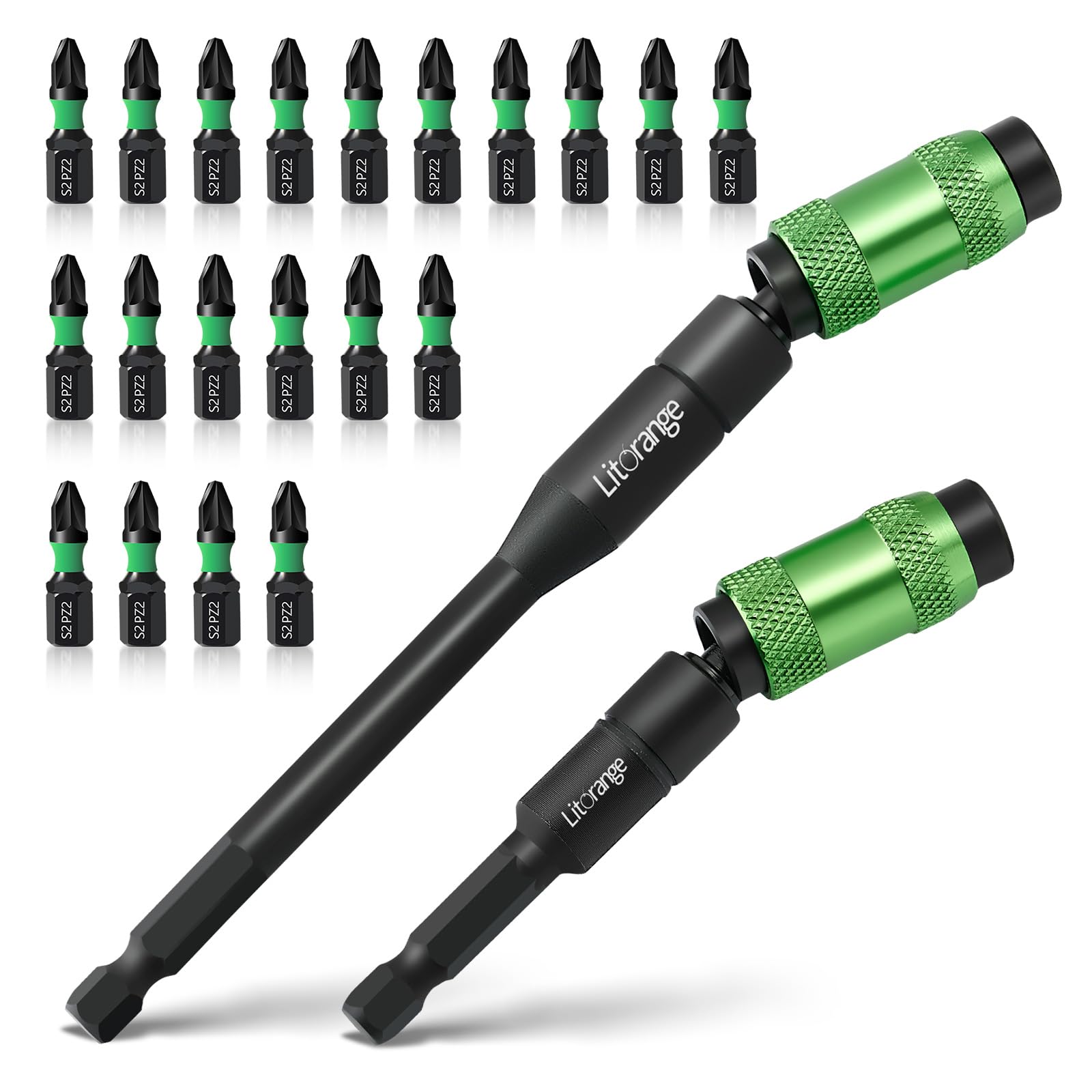 LitOrange 22Pcs 90mm & 145mm Magnetic Pivoting Impact Screwdriver Drill Bit Holder with 20 x 25mm PZ2 Bits Rotary Drill Extension Bit Holder for Narrow Spaces or Corners