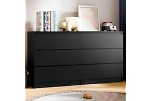 Cozy Castle 6-Drawer Storage Cabinet - 51.9" Wide Dresser with Countertop, Modern Wood Chest with Deep Drawers, Chest of Drawers, Handleless Modern Design for Living Room, Entryway, Hallway (Black)