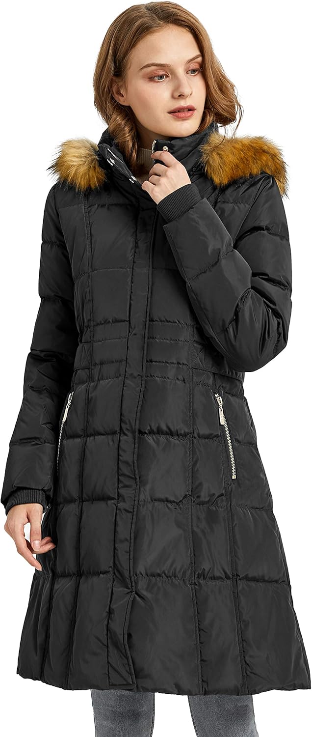 Orolay Quilted Down Jacket Women Winter Long Coat Puffer Jacket with Fur Hood: Clothing