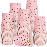 WYQJHKV Pink and Gold Paper Cups,9 oz Pink Disposable Cups,Gold Foil Dot Paper Cups for Birthday Wedding Party Supplies(50 Pcs)