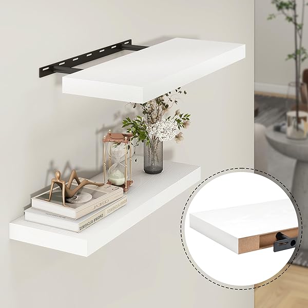 HEIMLOVE 24 INCH FLOATING SHELVES FOR WALL,9.3 INCH DEEP WHITE WOOD SHELVES WITH INVISIBLE BRACKETS,WALL MOUNTED STORAGE & DISPLAY SHELVES FOR BEDROOM,LIVING ROOM,SET OF 2