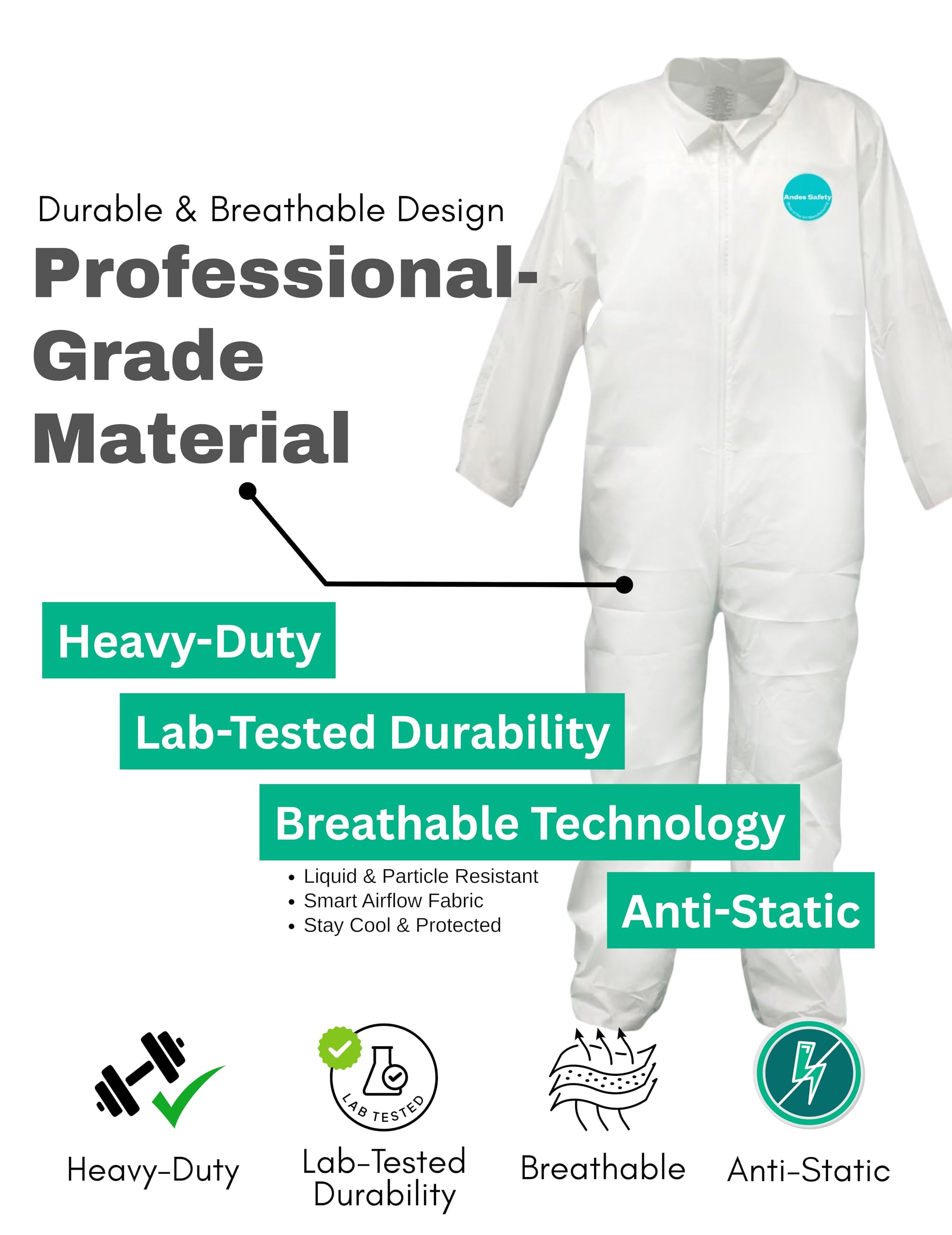 Condition photo showing New/Like New for andes 25 pack hazmat suits, heavy duty paint suit, disposable protective lab coveralls with collar,