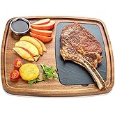 LiWiBet Acacia Wood Serving Plate with Sauce Cup & Removable Slate Insert for Meat Sausages Cheese, Steak Serving Tray Cutting Board Serving Platter Cheese Platter Perfect for Housewarming Christmas