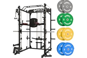 Mikolo Smith Machine,Multifunctional Squat Rack with 230LBS Weight Plates Sets，Cable Crossover Smith Machine for Home Gym, Power Cage with Dip/Leg Raise Attachments, Free Handles, Band Pegs