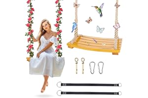 Premkid Hanging Wooden Swing, Swing Seat 20"x 10"x 1.4", Tree Swing for Adults and Kids, Indoor Swing with Rose Garland, Adjustable Hemp Rope Plus Tree Straps 100 inch, Swing Set for Indoor & Outdoor