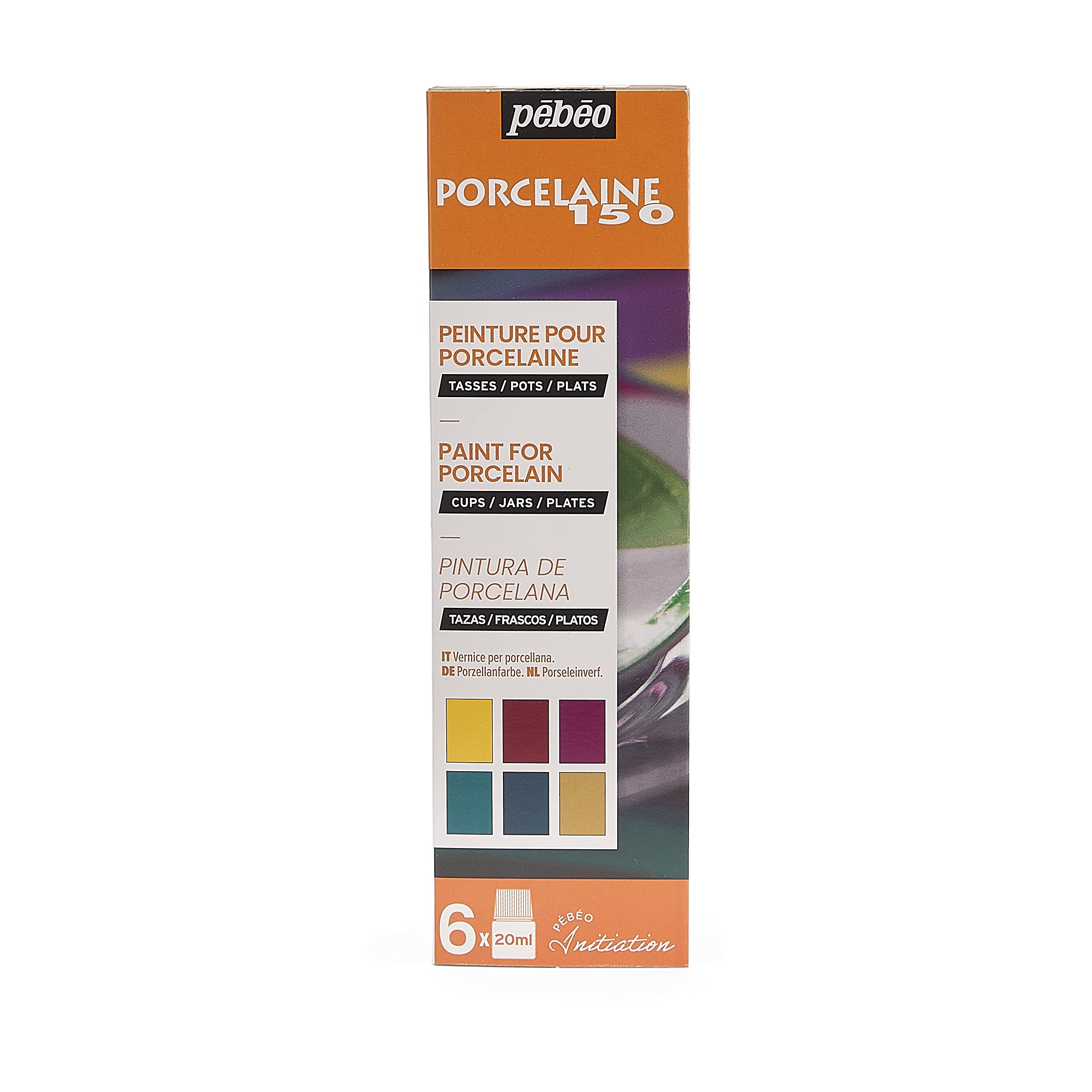 Pébéo Porcelain 150 Starter Set Gloss - 6 x 20 ml Bottles Porcelain Paint in Assorted Colours - Marseilles Yellow, Ruby Red, Fuchsia, Turquoise, Sapphire Blue, Gold — image 1