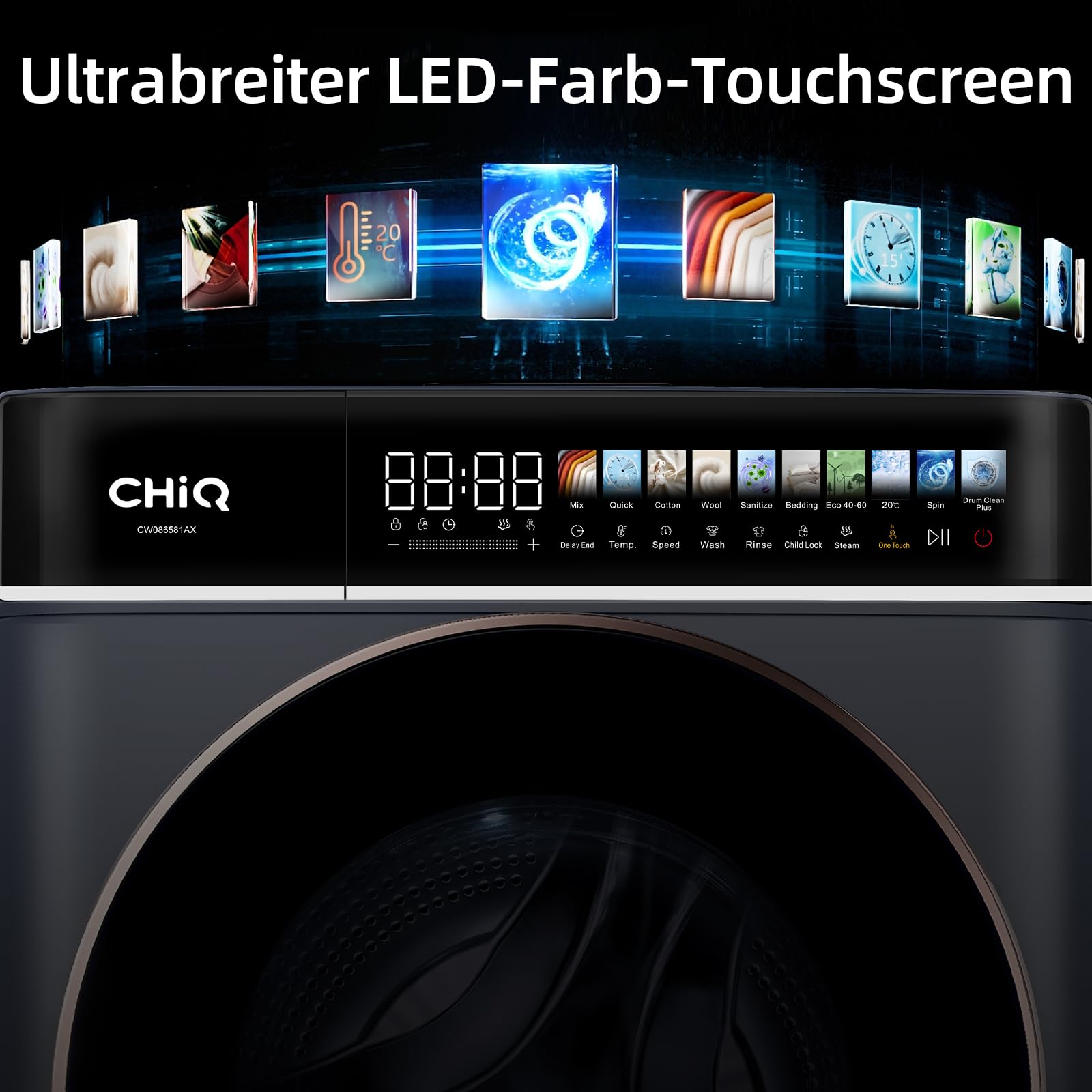 CHiQ CW106581AX Waschmaschine 10 kg, EEK A-10%| LED-Touchscreen, 1400 U/M | 12 Waschzyklen Speed Wash, Eco, Dampf, Timer| Frontlader washer, Wohnungen, Hotels, Schwarz 5