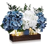 Suncalla 3 Pcs Blue Mason Jar Centerpiece Table Decorations Blue and White Faux Hydrangea Flowers Eucalyptus Stems with Wood Tray and LED Light for Spring Mothers Day Wedding Farmhouse Table Decor