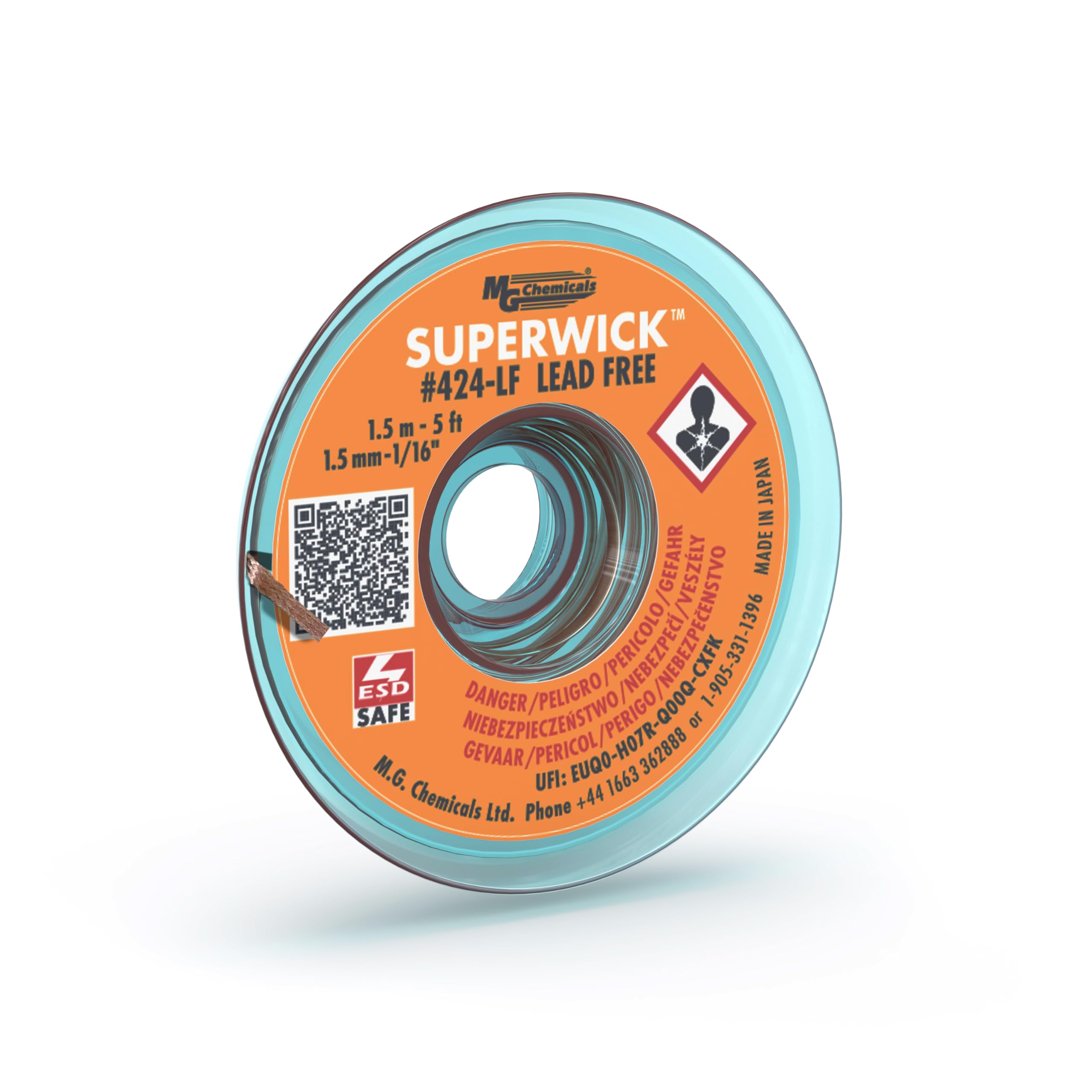 MG Chemicals 424-LF Fine Braid Super Wick™ Desoldering Braid for Unleaded Solder, 1.5 m Length x 1.5 mm Width