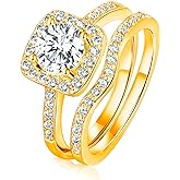 Gemsme 18K Gold Plated Two-in-One Wedding Engagement Eternity Rings Halo Cubic Zirconia Bridal Rings Set