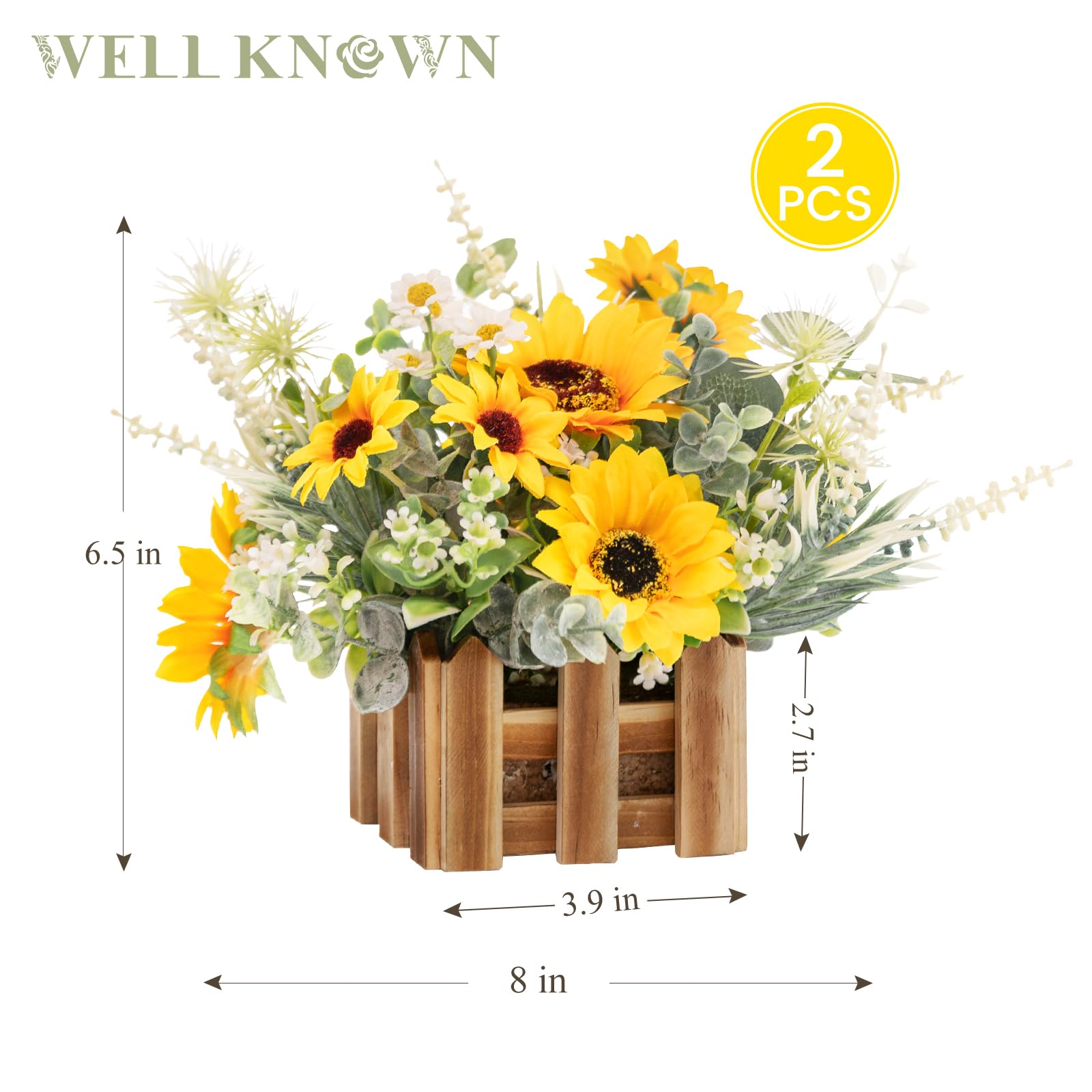 Condition photo showing New/Like New for well known artificial sunflower plants in wooden baskets, faux sunflower and mini wild flowers arran
