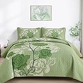 Anibedding Floral Quilt Set King Size, Sage Green Floral Printed Bedspread Coverlet 3 Pieces Soft Microfiber Bedding Set with 2 Pillowcases for All Season(104"×90")