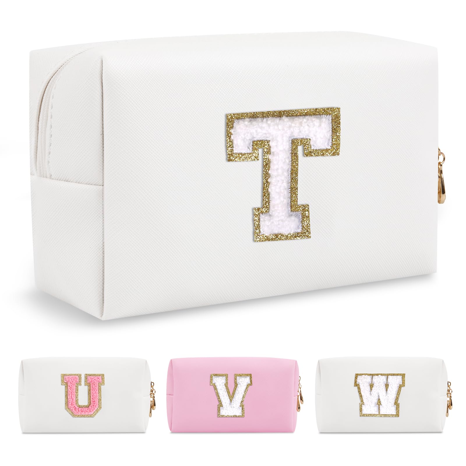 Photo 1 of Small Personalized Initial A-Z Preppy Patch Makeup Bag,White PU Chenille Letter Travel Cosmetic Pouch with Zipper,Cute Toiletry Bag,Gift Ideal for Teen Girls Women Teacher Bridesmaid,Letter T