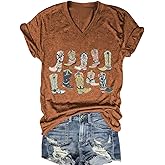 Western Country Shirt for Women Cowgirl Cartoon Boots V Neck Short Sleeve Tops Vintage Cowboy Graphic Tees