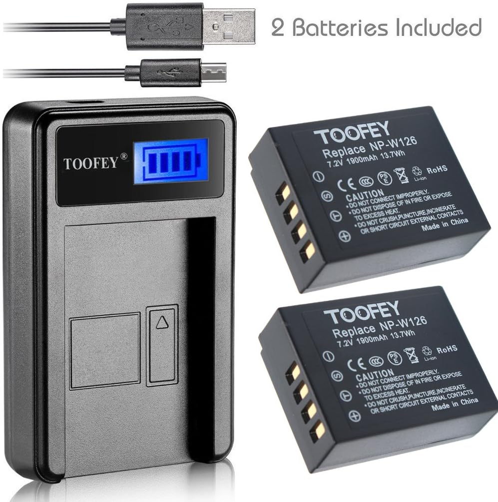 2x NP-W126 Battery + LCD Display USB Charger for Fujifilm NP-W126 NP-W126S and FUJIFILM X-Pro2 X-Pro1 X-T2 X-TX-T10 X-E2S X-E2 X-E1 X-M1 X-A10 X-A3 X-A2 X-A1, FinePix HS50EXR HS30EXR HS33EXR Cameras
