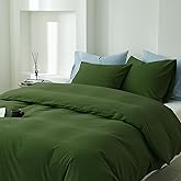 FALUCA 100% Washed Cotton Duvet Cover Set Queen Size 3 Pieces (1 Duvet Cover 88"x92", 2 Pillow Shams) Breathable Durable Soft Comfy Bedding Set for All Season (Dark Green, Queen)