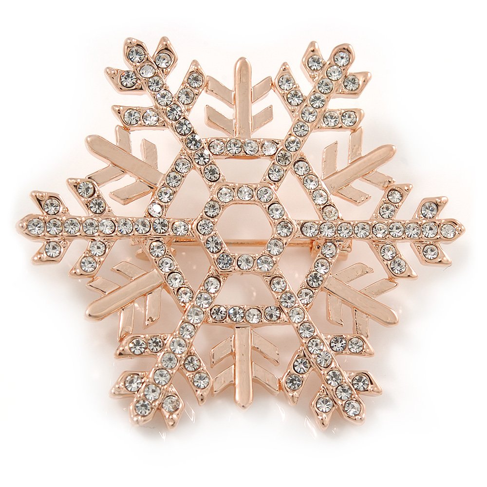 Rose Gold Tone Clear Crystal Snowflake Brooch/Pendant - 45mm D