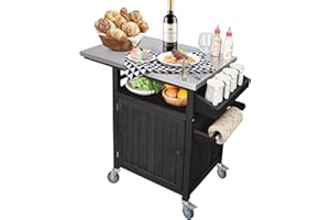 WENRENER Outdoor Grill Cart,Portable Grill TableOutdoor Grill Cart Table with Stainless Steel Top for Kitchen Prep and BBQ, Outdoor Kitchen Island Table with Side Handle, Solid Wood Multifunctional