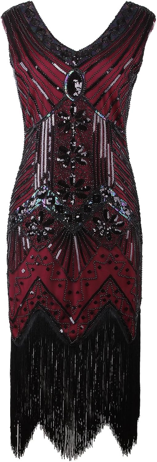 Vijiv Women 1920s Gastby Sequin Art Nouveau Embellished Fringed Flapper Dress