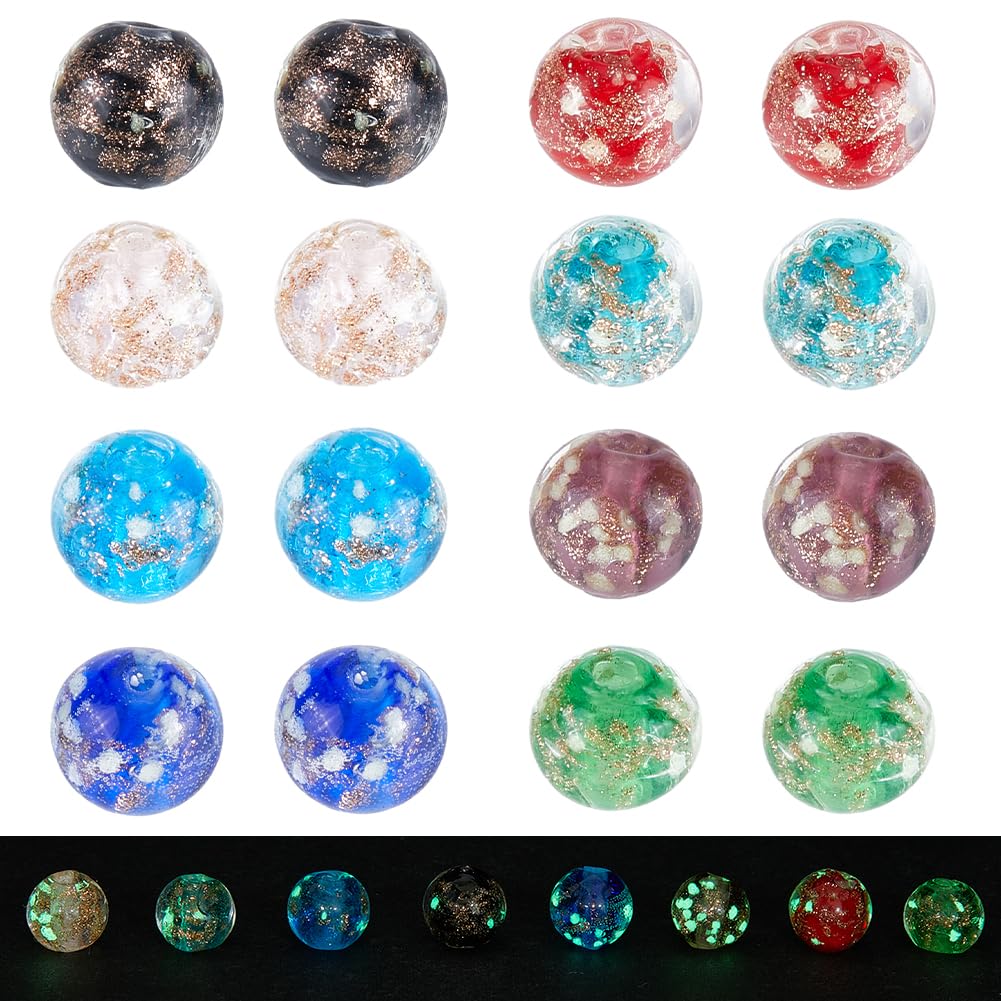 SUNNYCLUE 1 Box 80Pcs 8 Colors Gold Sand Lampwork Beads 8mm Luminous Glass Beads Bulk Round Spacer Handmade Glow in the Dark Bead for Jewellery Making Beads Supplies DIY Necklace Bracelets Earrings