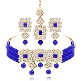 Aheli Ethnic Indian Necklace Earring Maang Tikka Set Traditional Bollywood Bharatanatyam jewellery set Gift for Women Blue