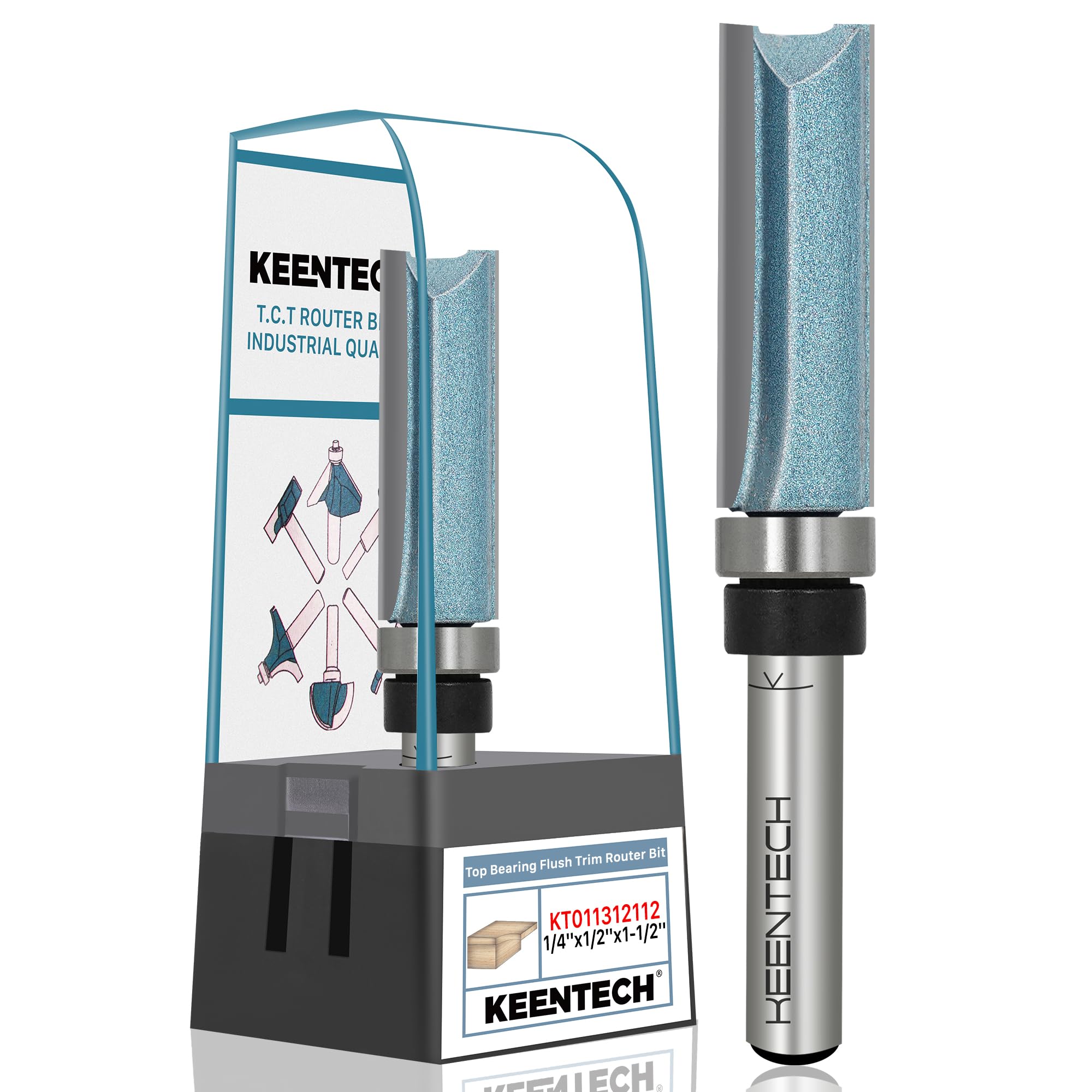 Photo 1 of KEENTECH Router Bits 1/4" Shank, Flush Trim Router Bit, Top Bearing Carbide Tipped Pattern Bit, Template Straight Heavy Duty Woodworking Trimming Cutting Tool for Wood, 1/2" Diameter, 1-1/2" Depth