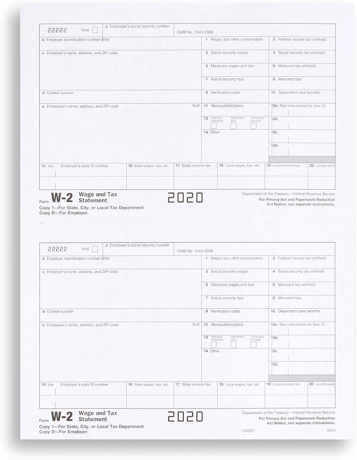 W2 Forms 2020, 4 Part Tax Forms, 25 Employee Kit of Laser Forms, Compatible with QuickBooks and Accounting Software, 25 Self Seal Envelopes Included : Office Products