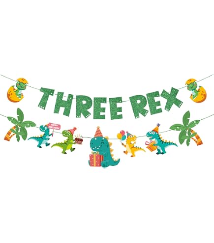 3rd Birthday Dinosaur Party Decor - Black & Green T-Rex Banner & Cake Topper Set, Realistic Dino Theme