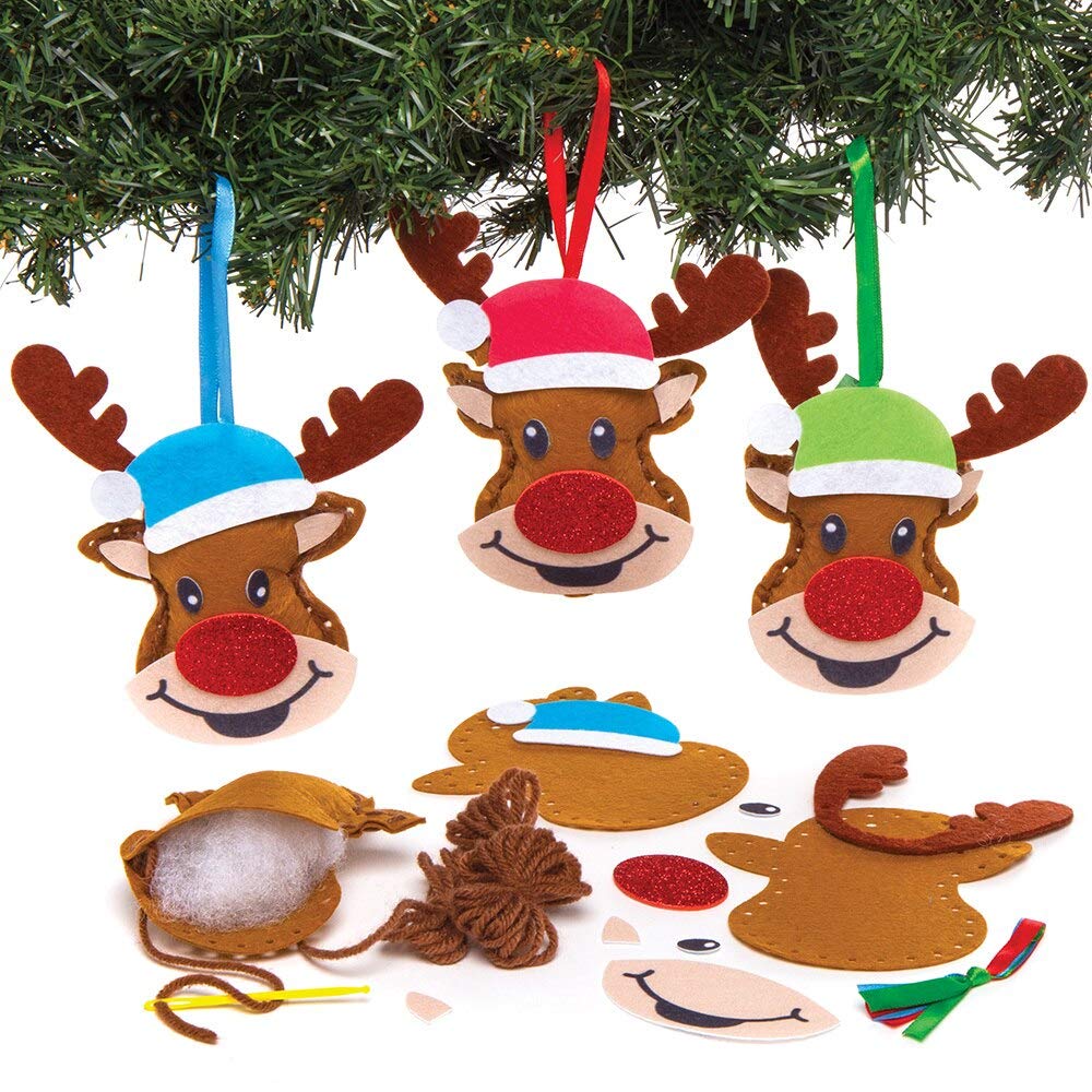 Baker Ross AT181 Reindeer Ornament Sewing Kits - Pack of 3, Christmas Arts and Crafts