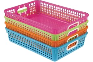 Really Good Stuff Plastic Desktop Paper Storage Baskets -Set of 4- Neon, 14.25" x 10" - Classroom, and Library Organization, Aesthetic Room Decor, School Supplies