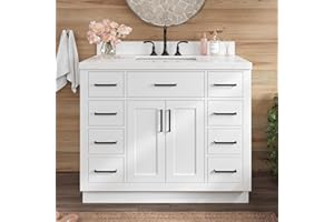 ARIEL Hepburn 42 Inch Single Sink Bathroom Vanity in White, 1.5" Edge Carrara Quartz Top, Solid Wood, Rectangular Sink, 2 Soft Closing Doors, 9 Full Extension Dovetail Drawers, Toe Kick